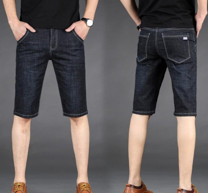 Slim Fit Black Denim Shorts for Men, Mid Length: dark indigo blue, black denim shorts, casual style