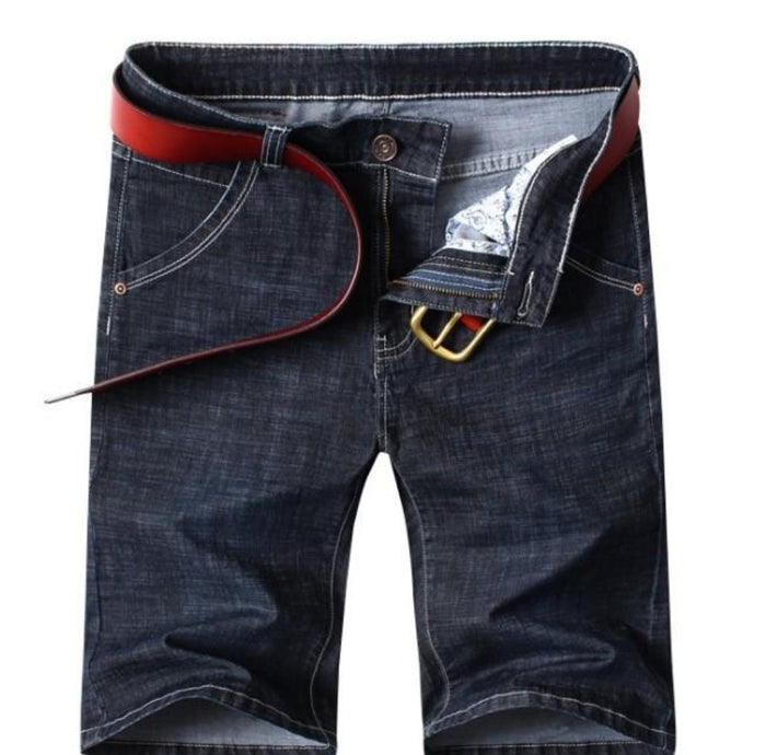Slim Fit Black Denim Shorts for Men, Mid Length: dark indigo blue, black denim shorts, casual style