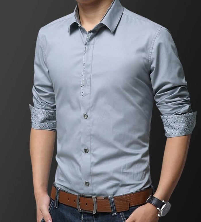 Slim Fit Button-Up Shirt for Men's Casual Wear: light gray, dark gray patterned cuff lining button-up shirt, minimal style