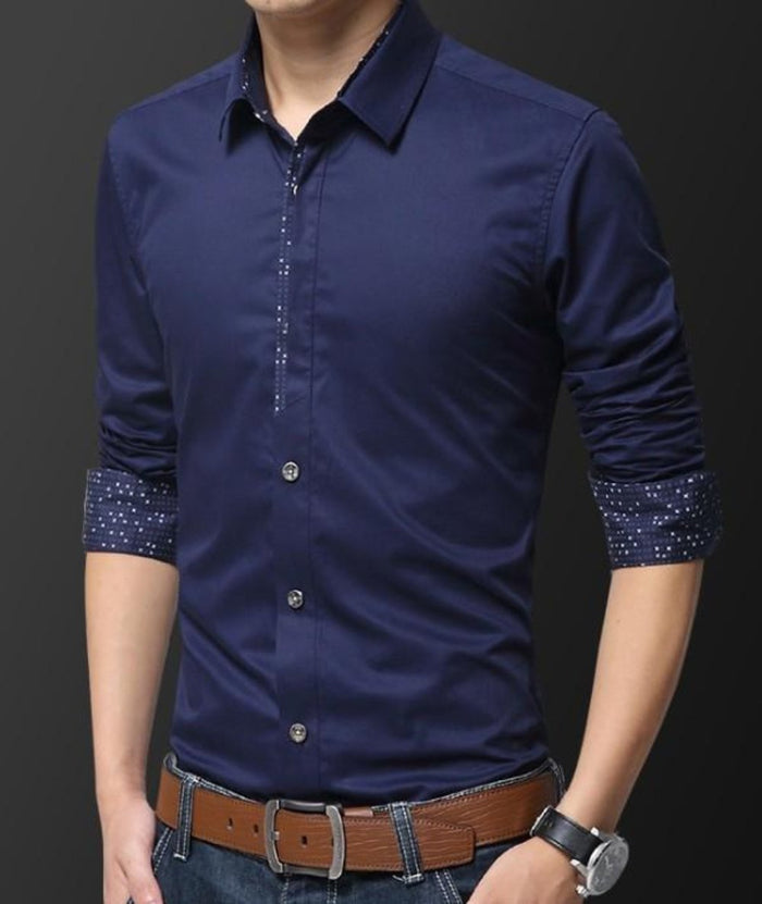 Slim Fit Button-Up Shirt for Men's Casual Wear: light gray, dark gray patterned cuff lining button-up shirt, minimal style