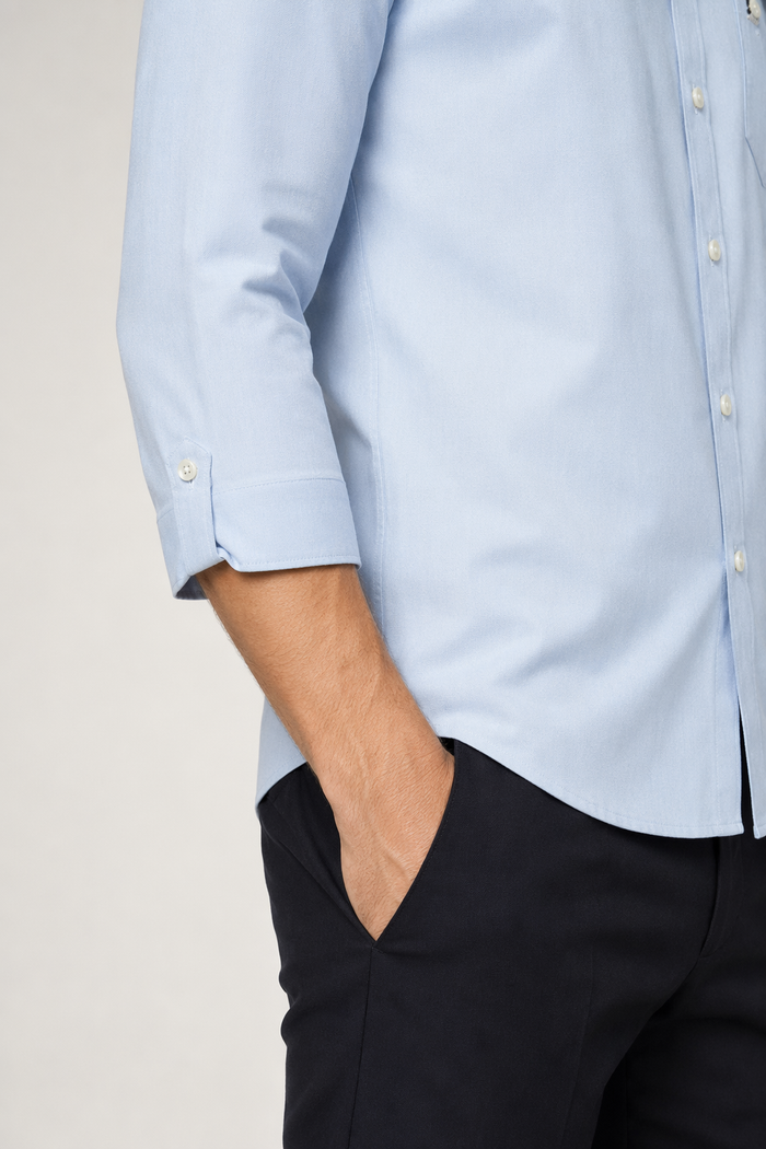 Slim Fit Button-Up Shirt with Three-Quarter Sleeves for Men Blue