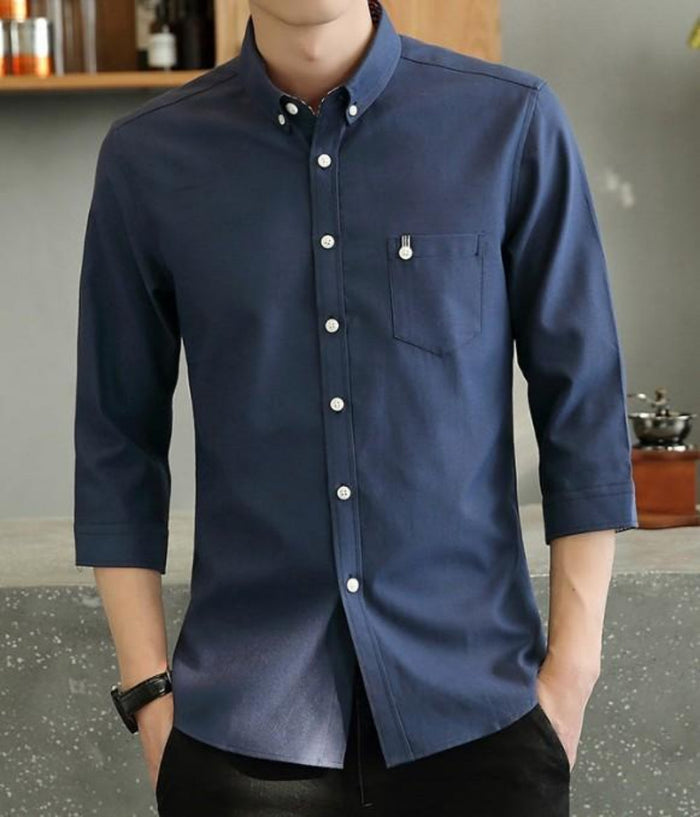 Slim Fit Button-Up Shirt with Three-Quarter Sleeves for Men: navy blue, white buttons button-up shirt, minimal casual style