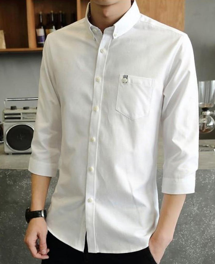 Slim Fit Button-Up Shirt with Three-Quarter Sleeves for Men: navy blue, white buttons button-up shirt, minimal casual style