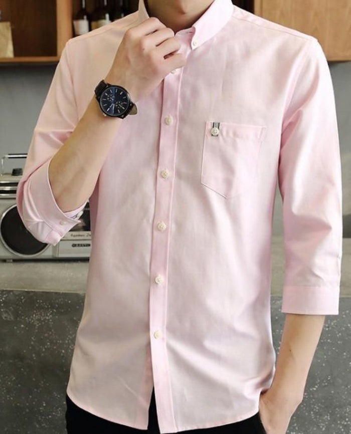 Slim Fit Button-Up Shirt with Three-Quarter Sleeves for Men: navy blue, white buttons button-up shirt, minimal casual style