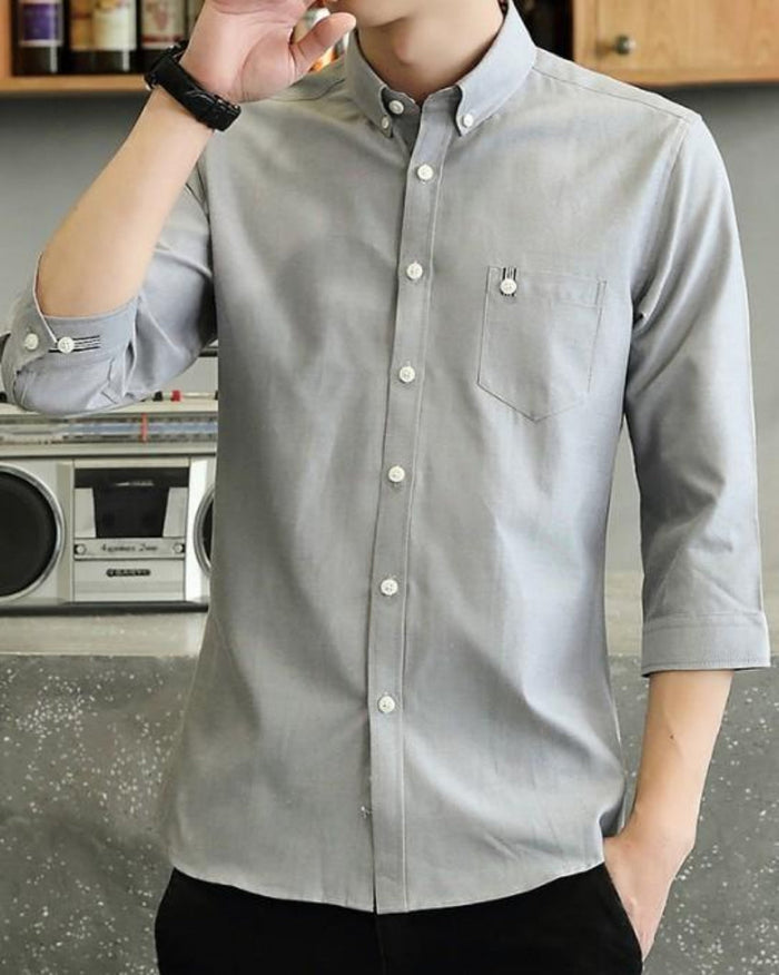 Slim Fit Button-Up Shirt with Three-Quarter Sleeves for Men: navy blue, white buttons button-up shirt, minimal casual style