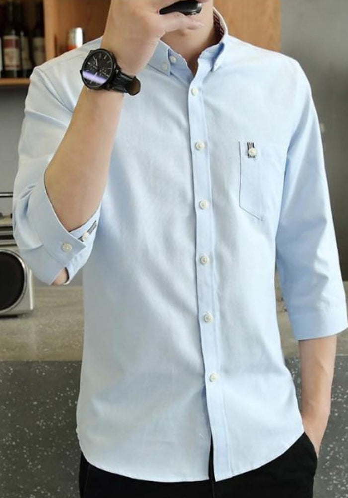 Slim Fit Button-Up Shirt with Three-Quarter Sleeves for Men: navy blue, white buttons button-up shirt, minimal casual style