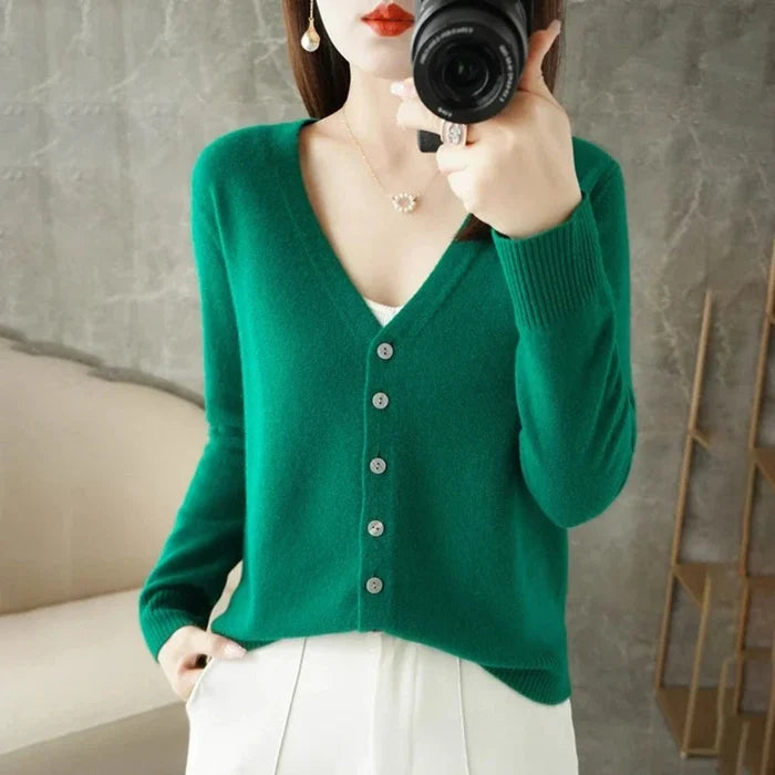 Slim Fit Cardigan for Women, Korean Inspired Design: emerald green, white button-front cardigan sweater, minimal style