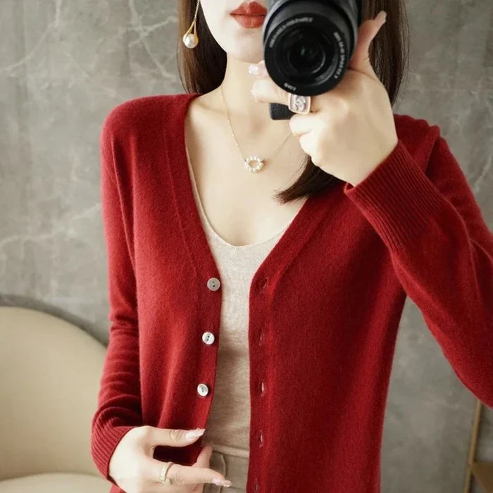 Slim Fit Cardigan for Women, Korean Inspired Design: emerald green, white button-front cardigan sweater, minimal style
