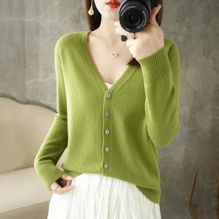 Slim Fit Cardigan for Women, Korean Inspired Design: emerald green, white button-front cardigan sweater, minimal style