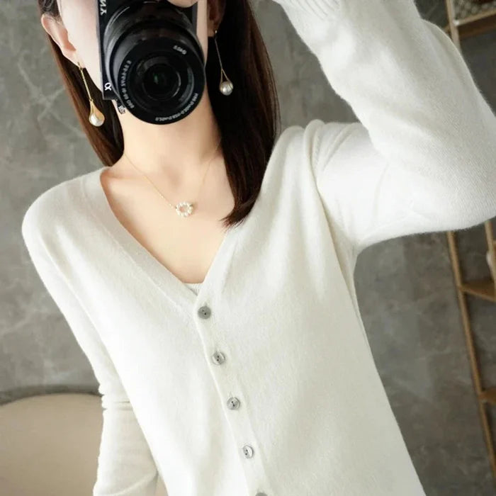 Slim Fit Cardigan for Women, Korean Inspired Design: emerald green, white button-front cardigan sweater, minimal style