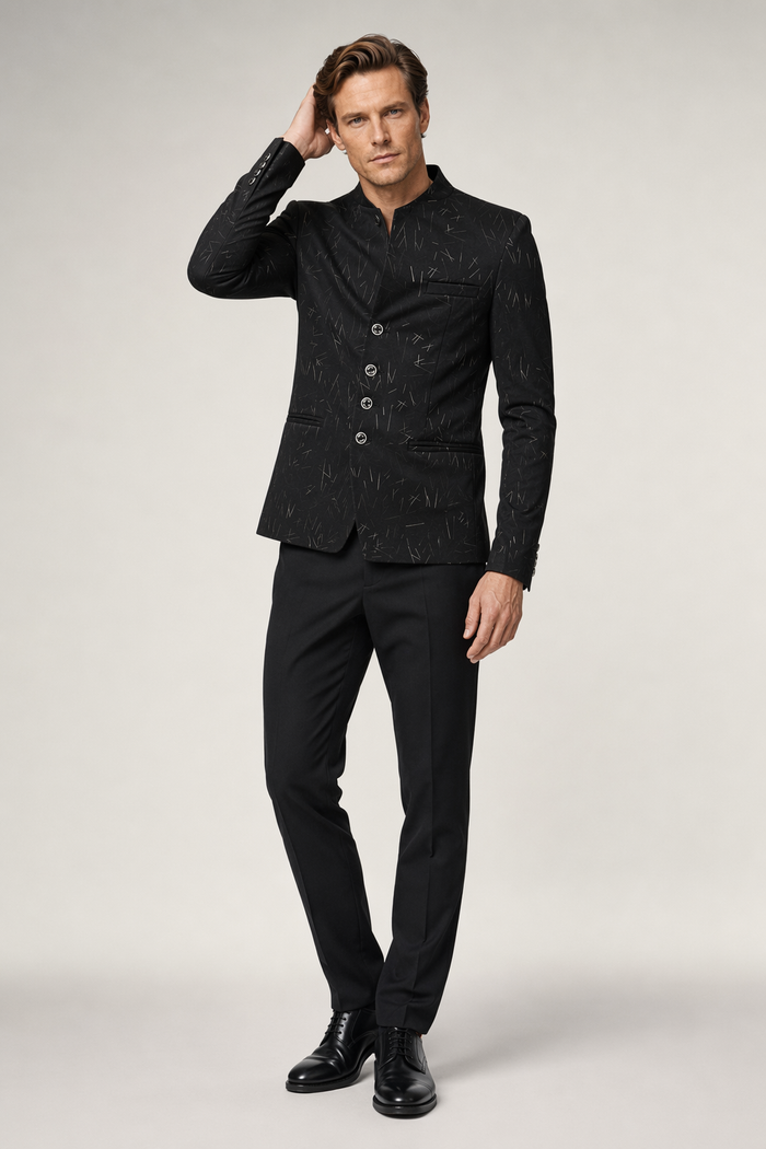 Slim Fit Circular Collar Patterned Men's Blazer Black