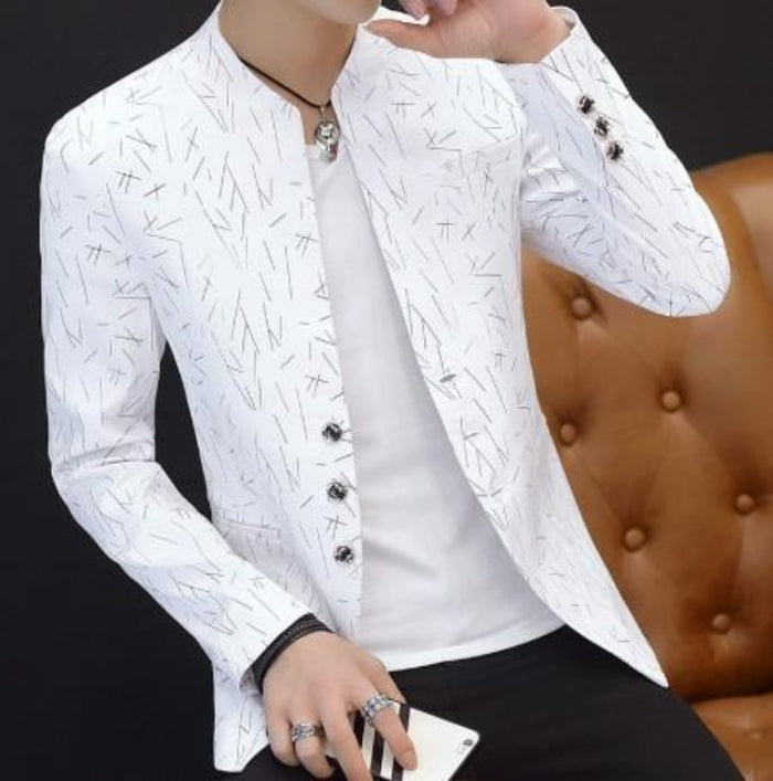 Slim Fit Circular Collar Patterned Men's Blazer: white, light gray jacket, modern minimal style