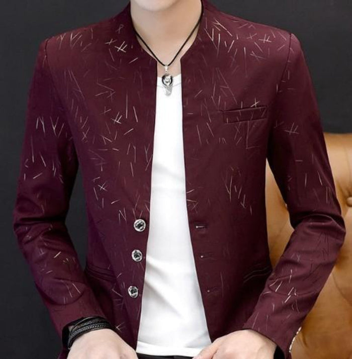 Slim Fit Circular Collar Patterned Men's Blazer: white, light gray jacket, modern minimal style