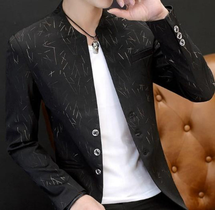 Slim Fit Circular Collar Patterned Men's Blazer: white, light gray jacket, modern minimal style