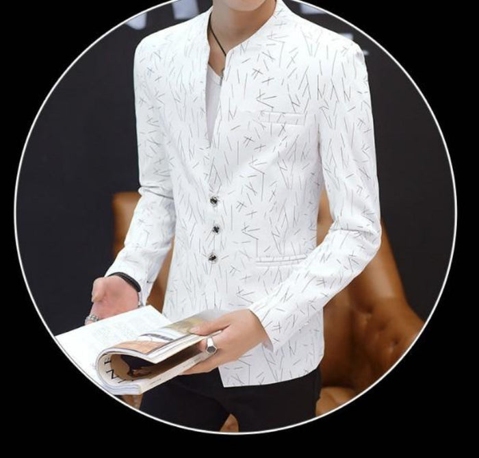 Slim Fit Circular Collar Patterned Men's Blazer: white, light gray jacket, modern minimal style