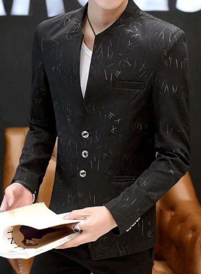 Slim Fit Circular Collar Patterned Men's Blazer: white, light gray jacket, modern minimal style