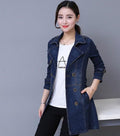 Slim Fit Double Breasted Women's Denim Jacket: dark blue, white denim coat/jacket, casual style