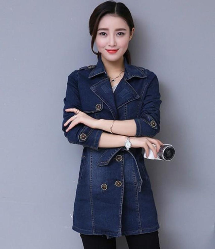 Slim Fit Double Breasted Women's Denim Jacket: dark blue, white denim coat/jacket, casual style