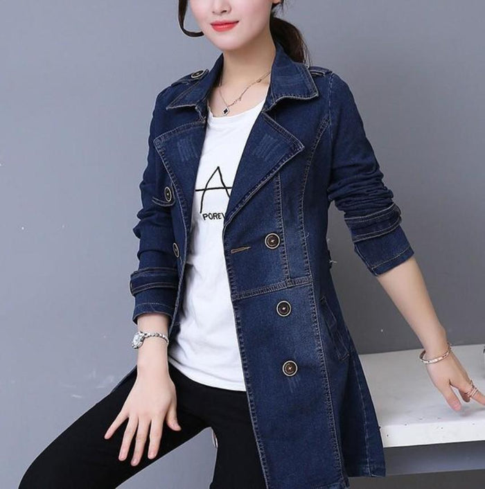 Slim Fit Double Breasted Women's Denim Jacket: dark blue, white denim coat/jacket, casual style