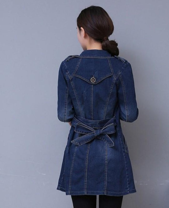 Slim Fit Double Breasted Women's Denim Jacket: dark blue, white denim coat/jacket, casual style