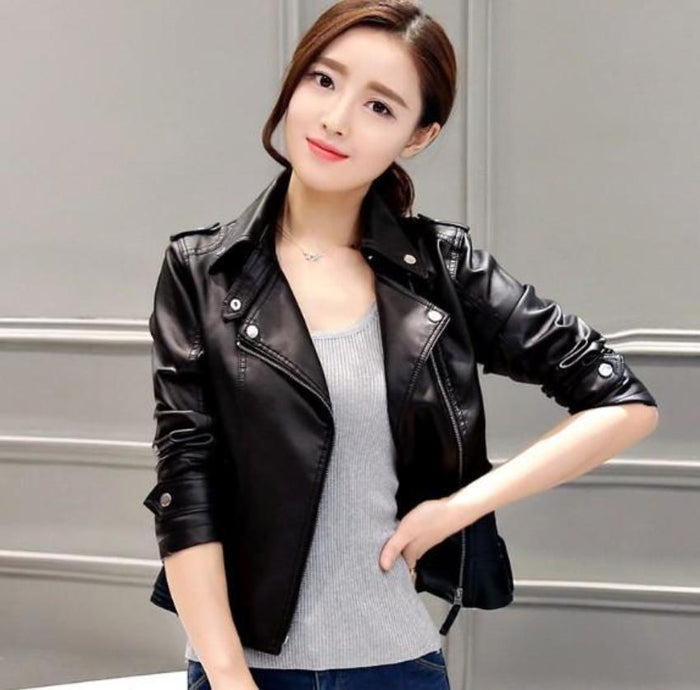 Slim-Fit Faux Leather Biker Jacket with Front Zipper for Women: black, silver jacket, biker moto style