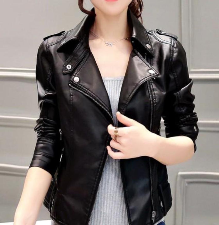 Slim-Fit Faux Leather Biker Jacket with Front Zipper for Women: black, silver jacket, biker moto style