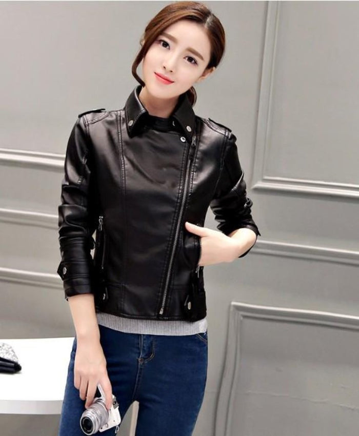 Slim-Fit Faux Leather Biker Jacket with Front Zipper for Women: black, silver jacket, biker moto style