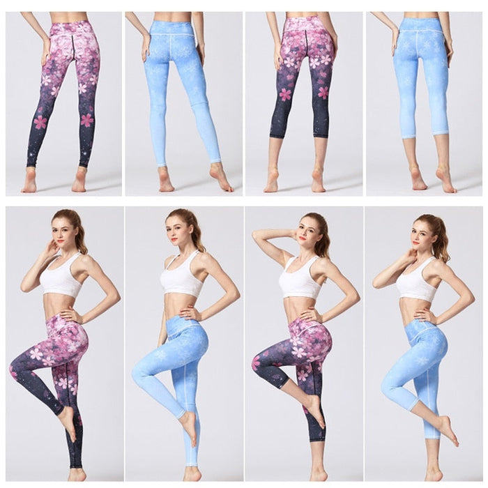 Slim Fit High Waist Floral Yoga Leggings for Women: dark navy, purple floral and galaxy-inspired print, athletic, colorful st