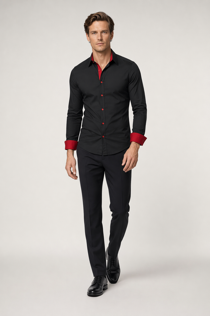 Slim-Fit Long Sleeve Button-Up Shirt for Men Midnight Black