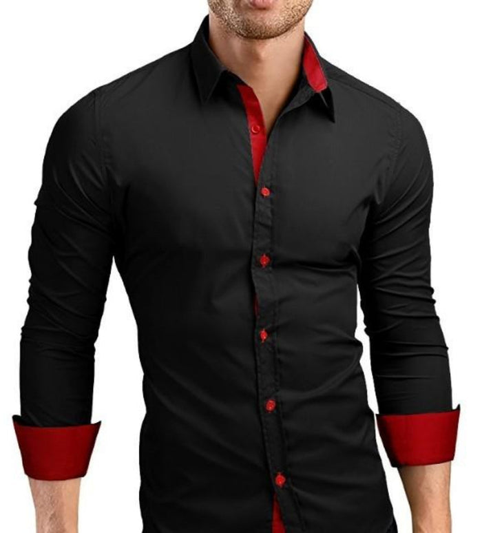Slim-Fit Long Sleeve Button-Up Shirt for Men: black, red long-sleeve button-up shirt, modern dressy style