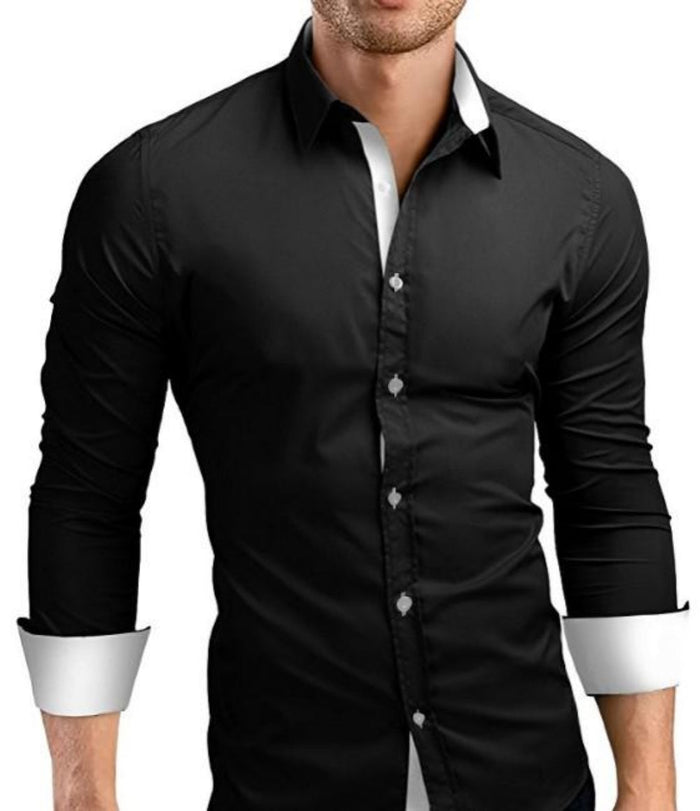 Slim-Fit Long Sleeve Button-Up Shirt for Men: black, red long-sleeve button-up shirt, modern dressy style