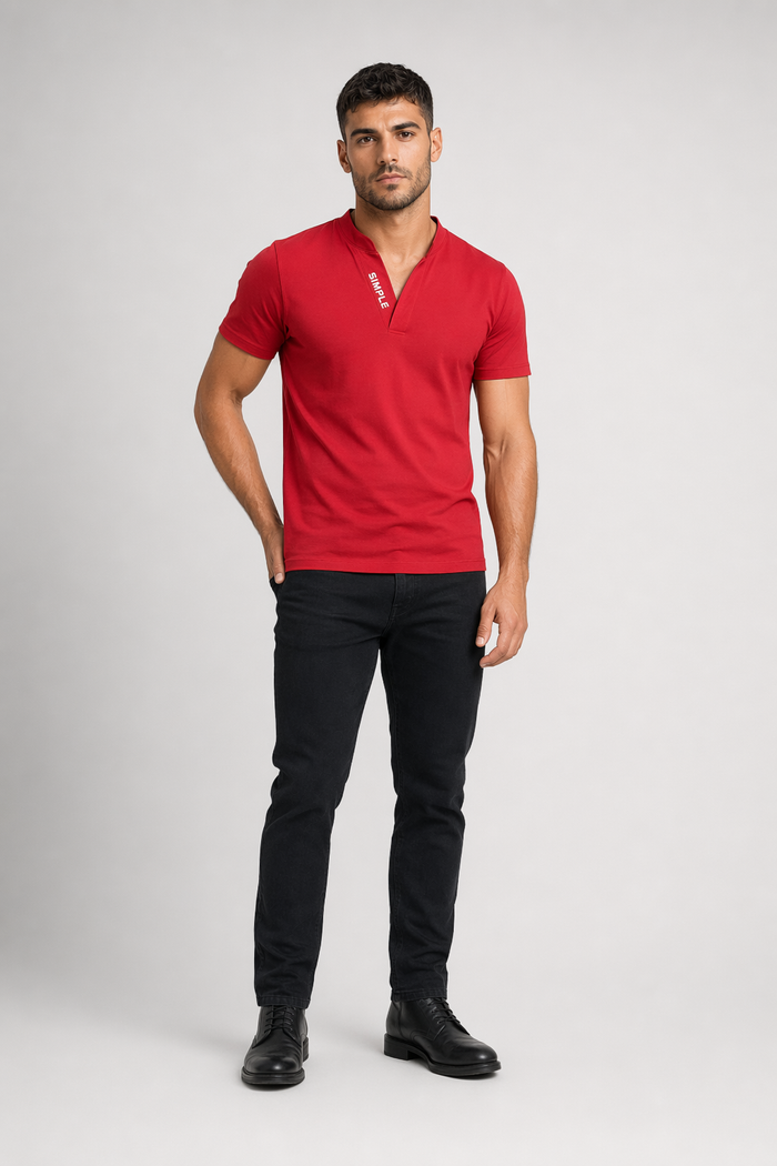 Slim Fit Men's Casual V-Neck Tee Red