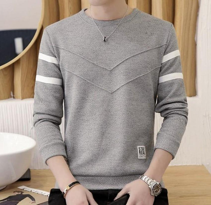 Slim Fit Men's Round Neck Pullover Sweater: heather gray, white long-sleeve pullover sweatshirt, casual minimal style