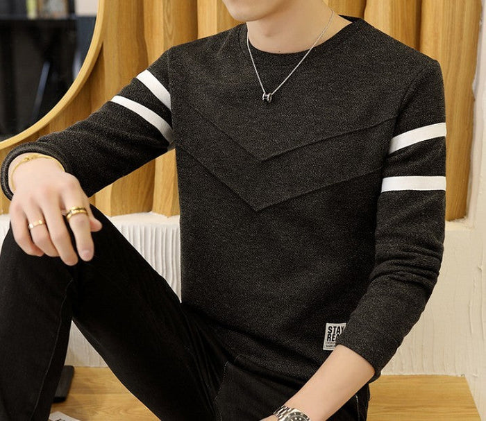 Slim Fit Men's Round Neck Pullover Sweater: heather gray, white long-sleeve pullover sweatshirt, casual minimal style