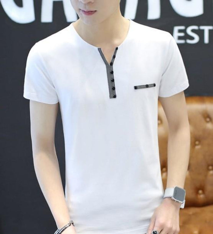 Slim Fit Men's T-Shirt with Button Embellishments for a Casual Look: white, black short-sleeve shirt, minimal style