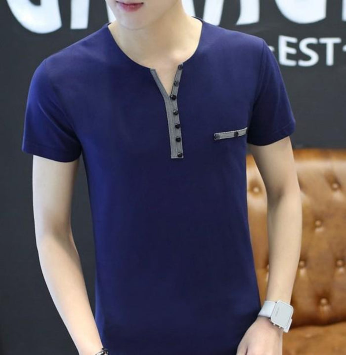 Slim Fit Men's T-Shirt with Button Embellishments for a Casual Look: white, black short-sleeve shirt, minimal style