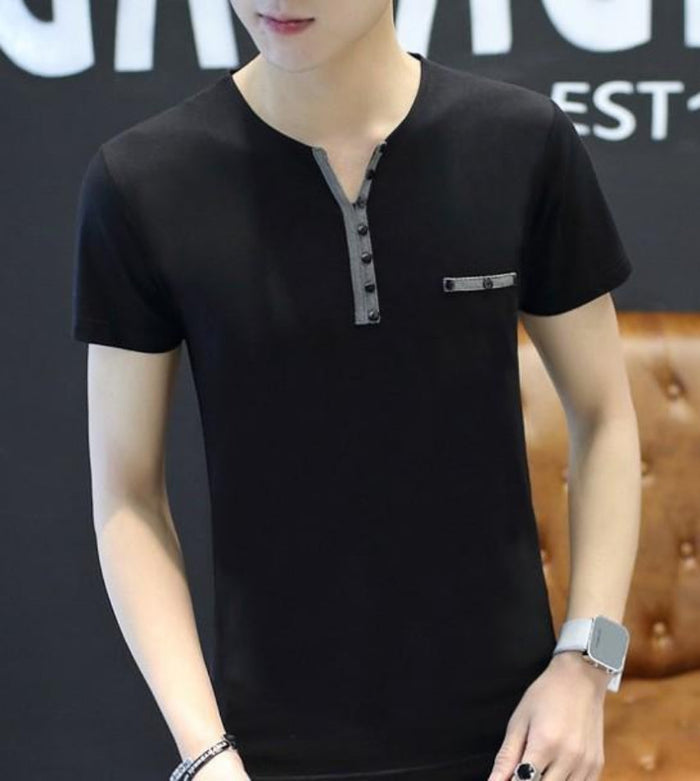 Slim Fit Men's T-Shirt with Button Embellishments for a Casual Look: white, black short-sleeve shirt, minimal style