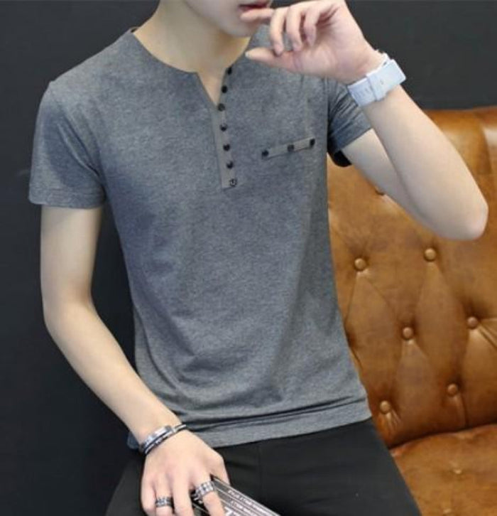 Slim Fit Men's T-Shirt with Button Embellishments for a Casual Look: white, black short-sleeve shirt, minimal style