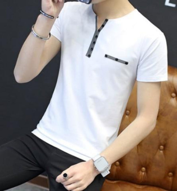 Slim Fit Men's T-Shirt with Button Embellishments for a Casual Look: white, black short-sleeve shirt, minimal style