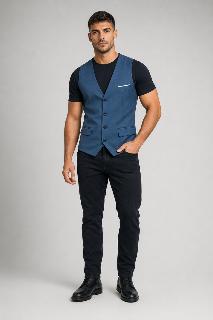Slim Fit Pocketed Button-Down Men's Vest BLUE