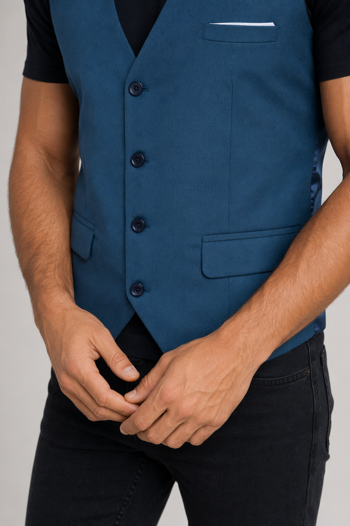 Slim Fit Pocketed Button-Down Men's Vest BLUE