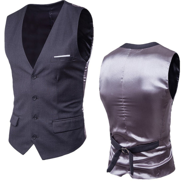 Slim Fit Pocketed Button-Down Men's Vest: dark charcoal gray, black men's formal waistcoat/vest shown front and back, formal