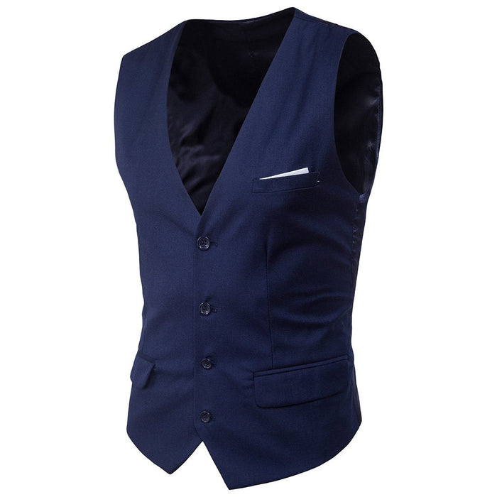 Slim Fit Pocketed Button-Down Men's Vest: dark charcoal gray, black men's formal waistcoat/vest shown front and back, formal