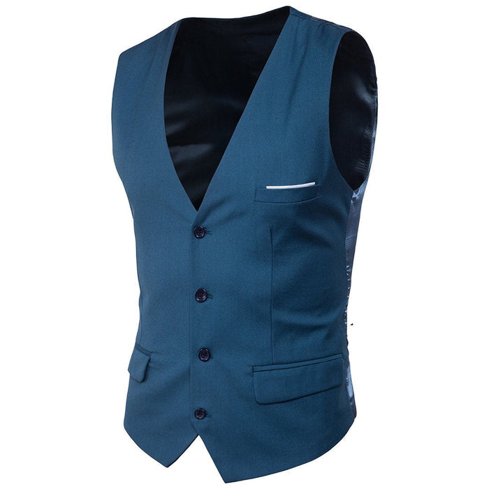 Slim Fit Pocketed Button-Down Men's Vest: dark charcoal gray, black men's formal waistcoat/vest shown front and back, formal