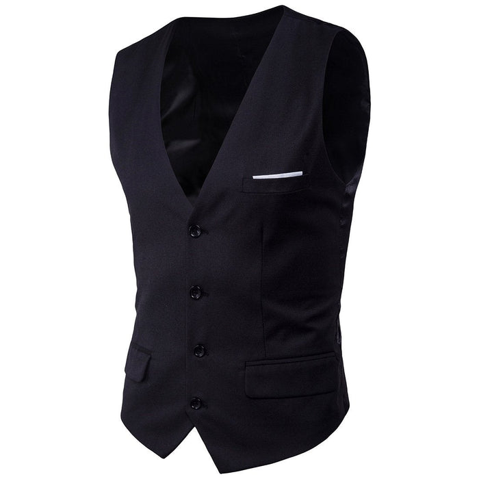 Slim Fit Pocketed Button-Down Men's Vest: dark charcoal gray, black men's formal waistcoat/vest shown front and back, formal