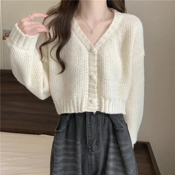 Slim Fit Short Cardigan for Women: cream white cropped button-front cardigan sweater, casual minimal style