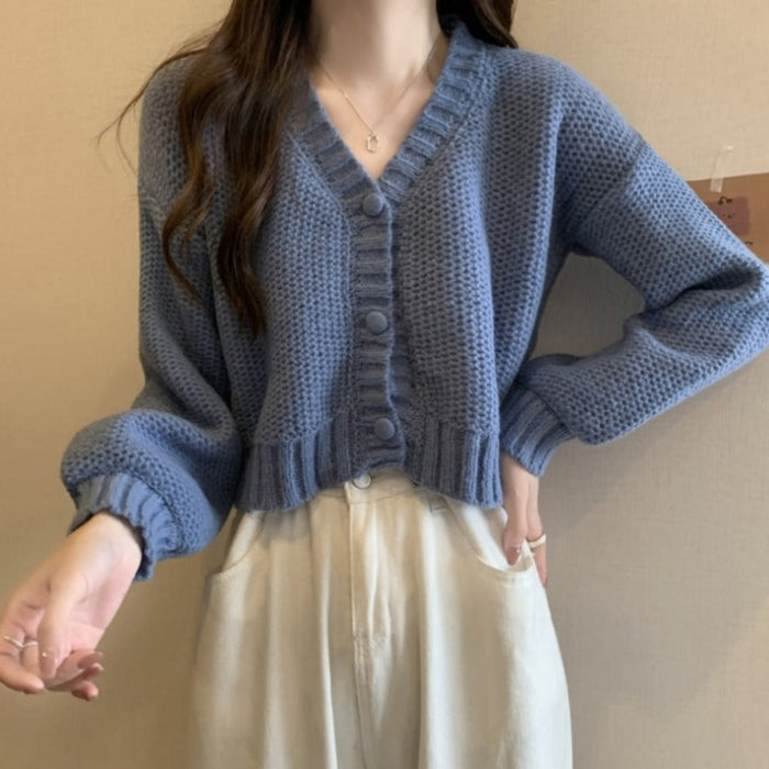 Slim Fit Short Cardigan for Women: cream white cropped button-front cardigan sweater, casual minimal style
