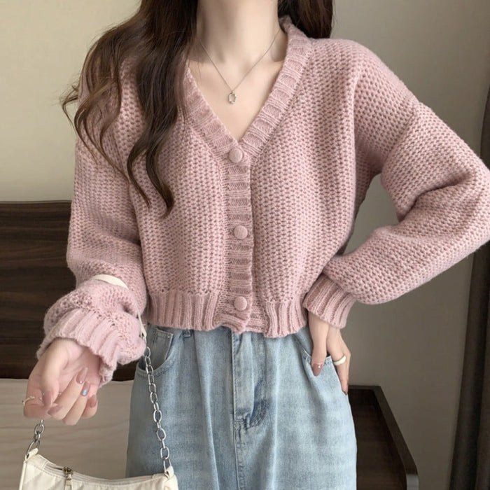 Slim Fit Short Cardigan for Women: cream white cropped button-front cardigan sweater, casual minimal style
