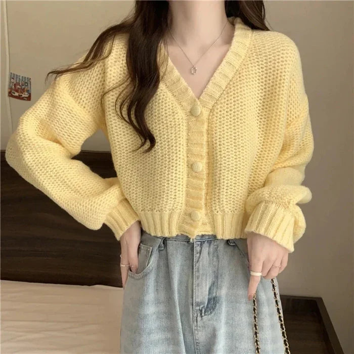 Slim Fit Short Cardigan for Women: cream white cropped button-front cardigan sweater, casual minimal style