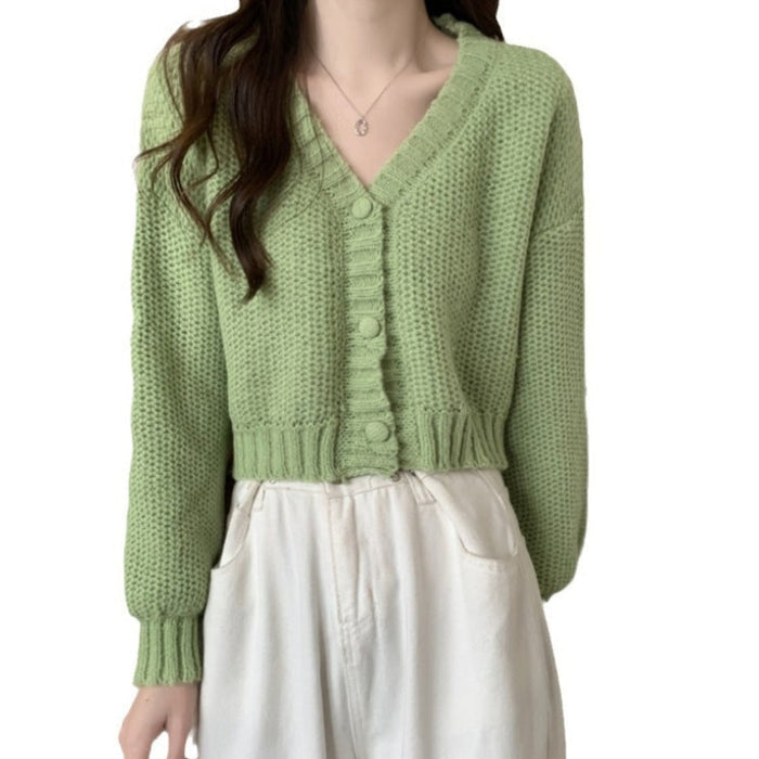 Slim Fit Short Cardigan for Women: cream white cropped button-front cardigan sweater, casual minimal style